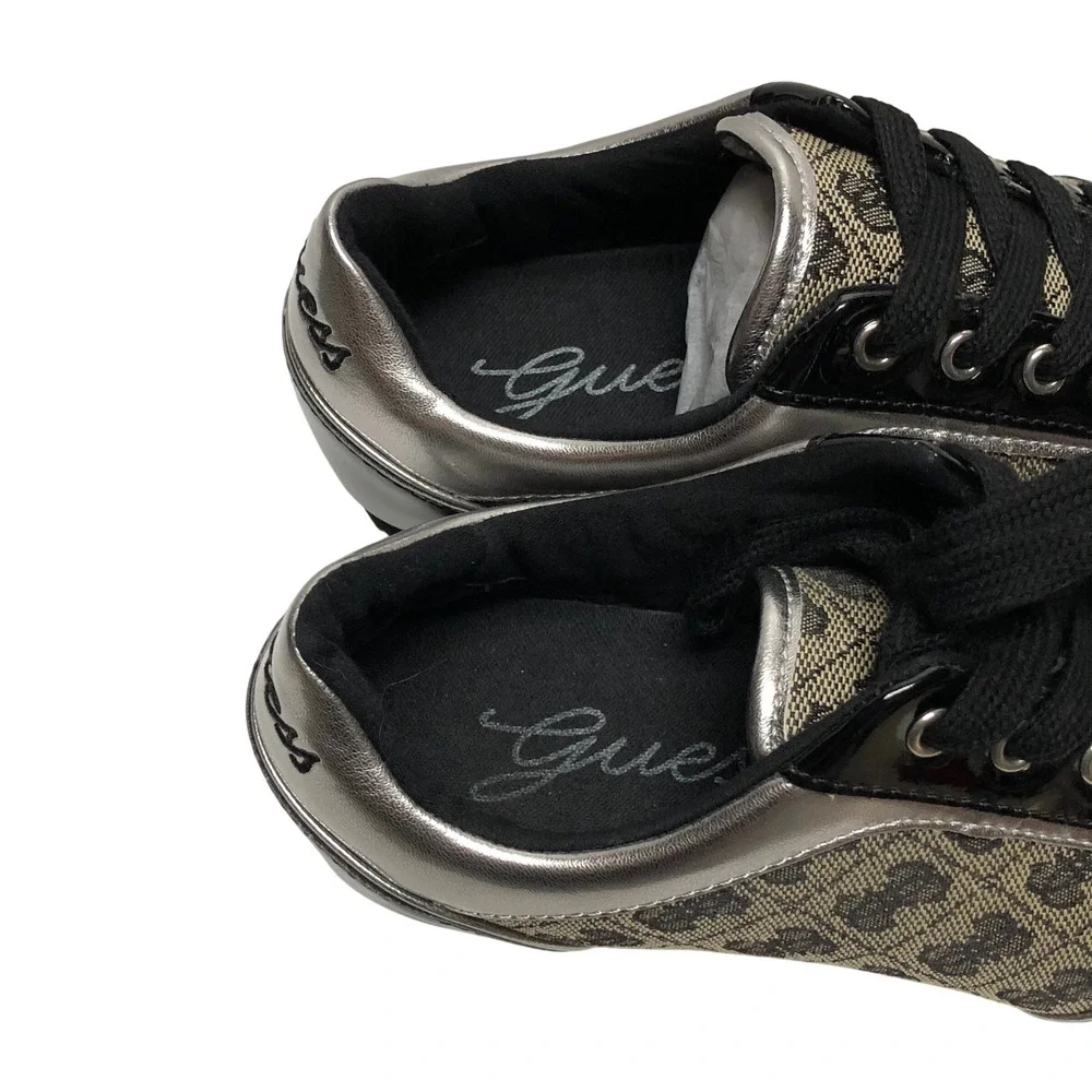 Guess Womens Logo Jacquard Sneakers Black Patent Leather Lace Up Shoes 5 NIB